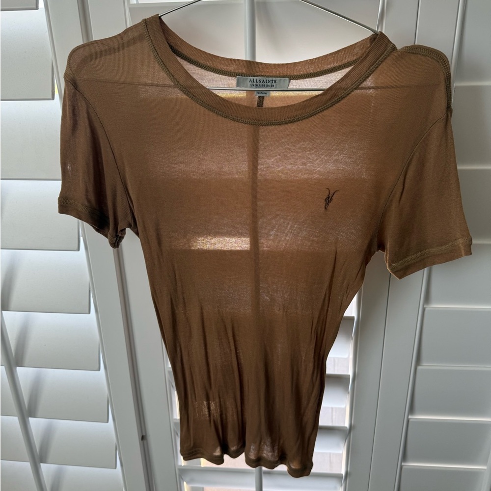 All Saints Brown Sheer Crewneck Short Sleeve Tee